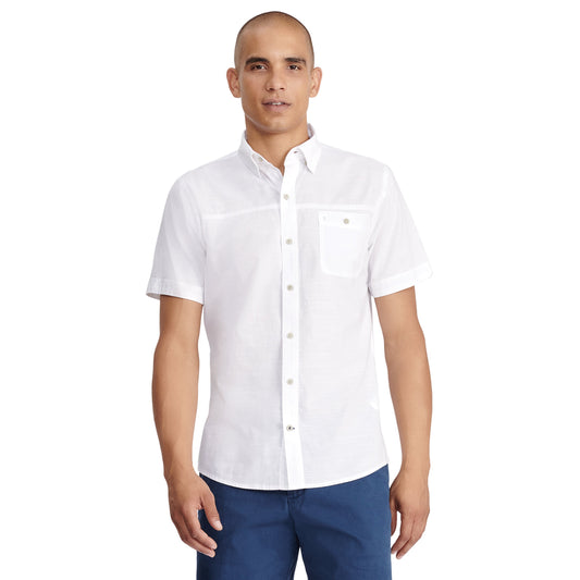 Izod Dockside Solid Chambray Short Sleeve Button Down Shirt - Bright White