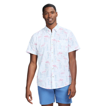 Izod Dockside Printed Chambray Short Sleeve Button Down Shirt - Bright White