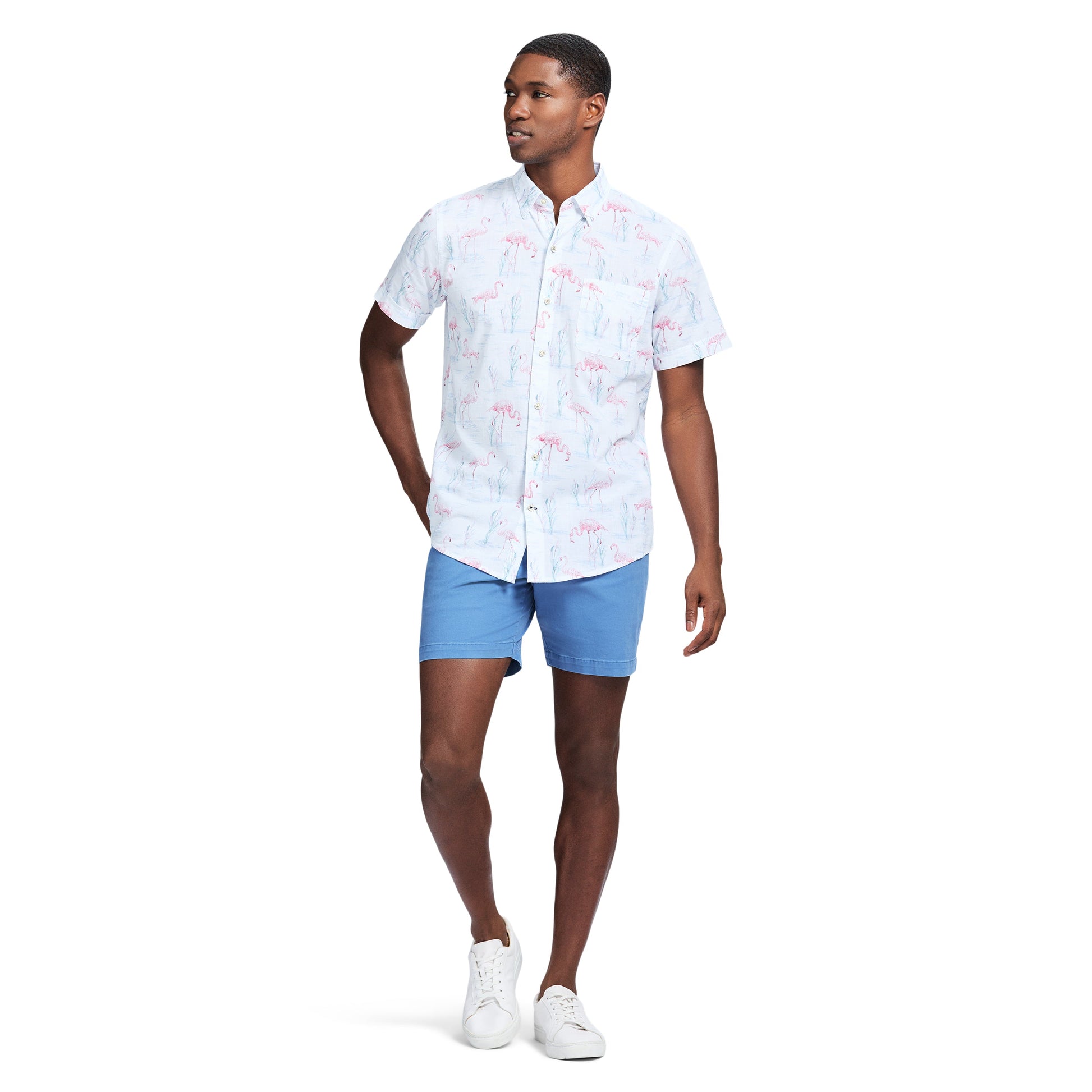 Izod Dockside Printed Chambray Short Sleeve Button Down Shirt - Bright White