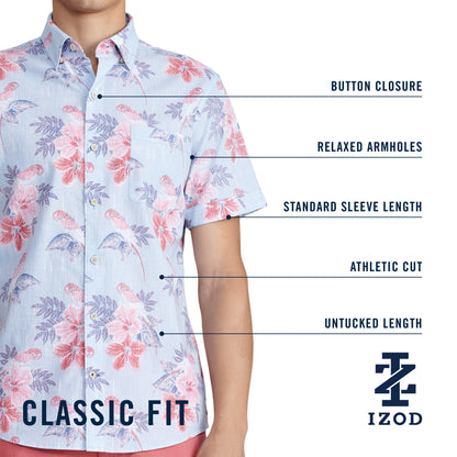 Izod Dockside Printed Chambray Short Sleeve Button Down Shirt - Bright White