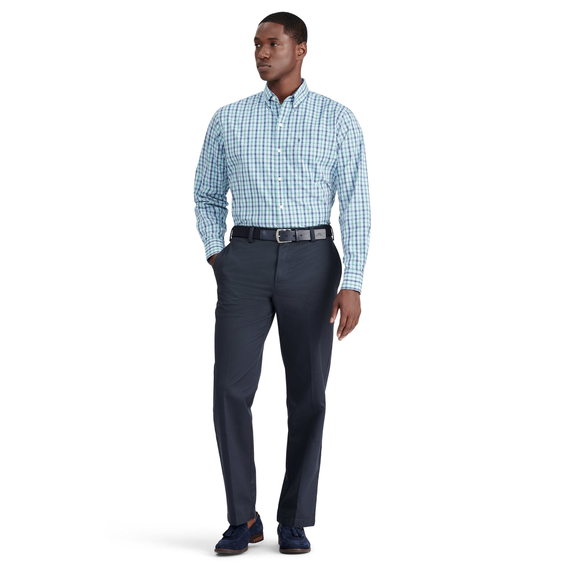 Izod Performance Comfort L/S Plaid Shirt - Deep Sea