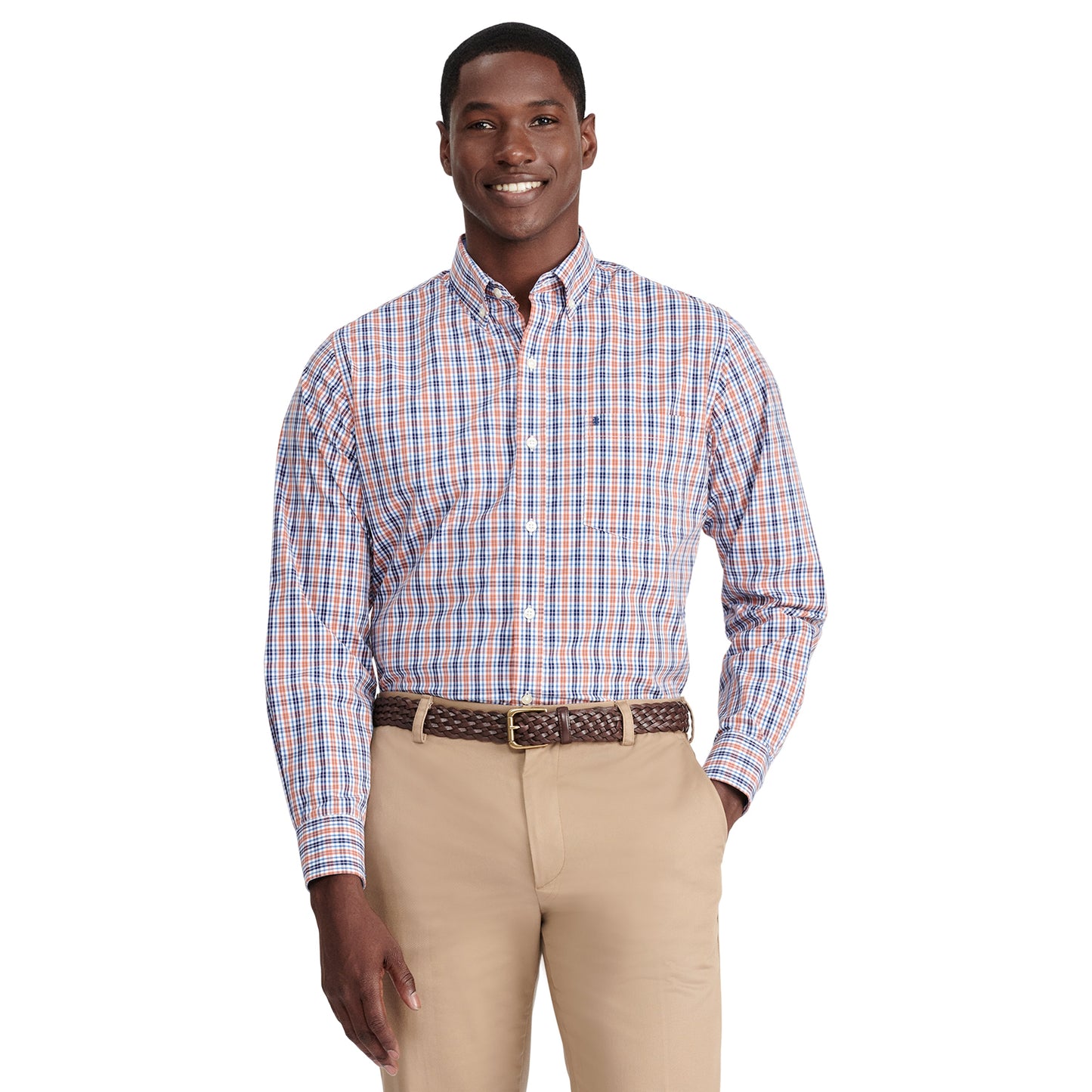 Izod Performance Comfort L/S Plaid Shirt - Orange Rust