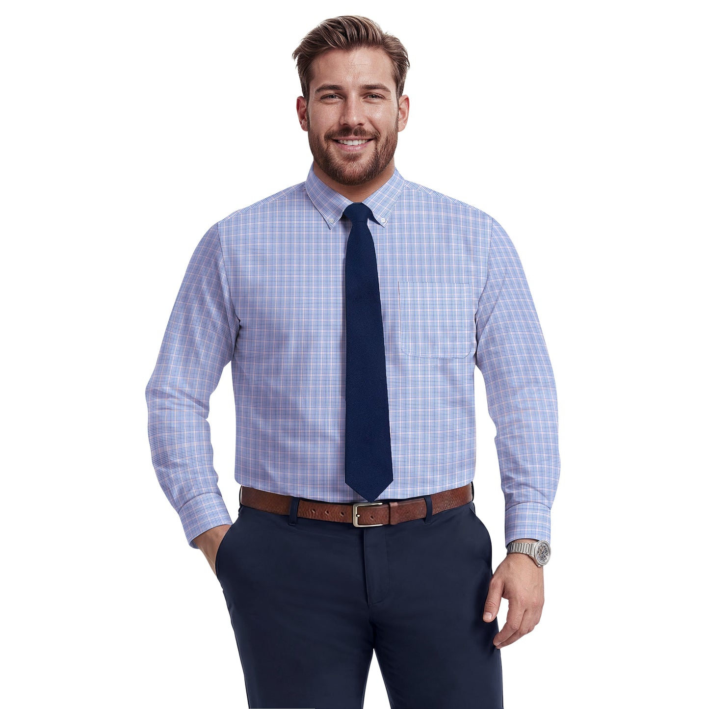 Izod BIG & TALL ALL-OVER STRETCH L/S PLAID BUTTON-DOWN DRESS SHIRT - ULTRAM