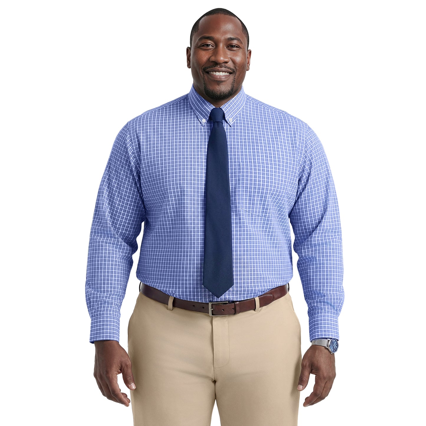 Izod BIG & TALL ALL-OVER STRETCH L/S PLAID BUTTON-DOWN DRESS SHIRT - ULTRAM