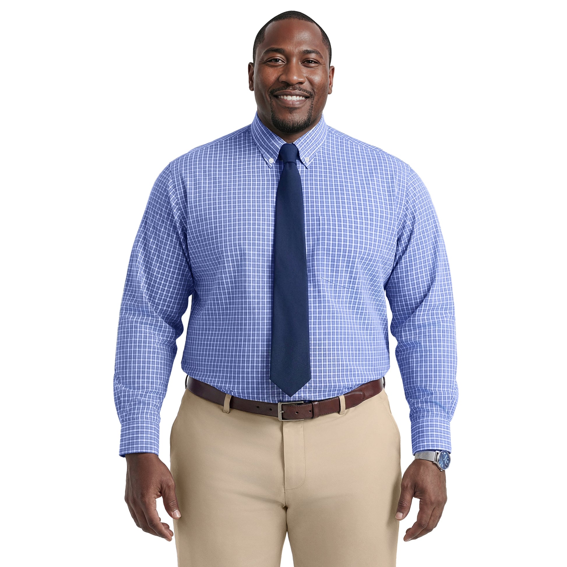 Izod BIG & TALL ALL-OVER STRETCH L/S PLAID BUTTON-DOWN DRESS SHIRT - ULTRAM