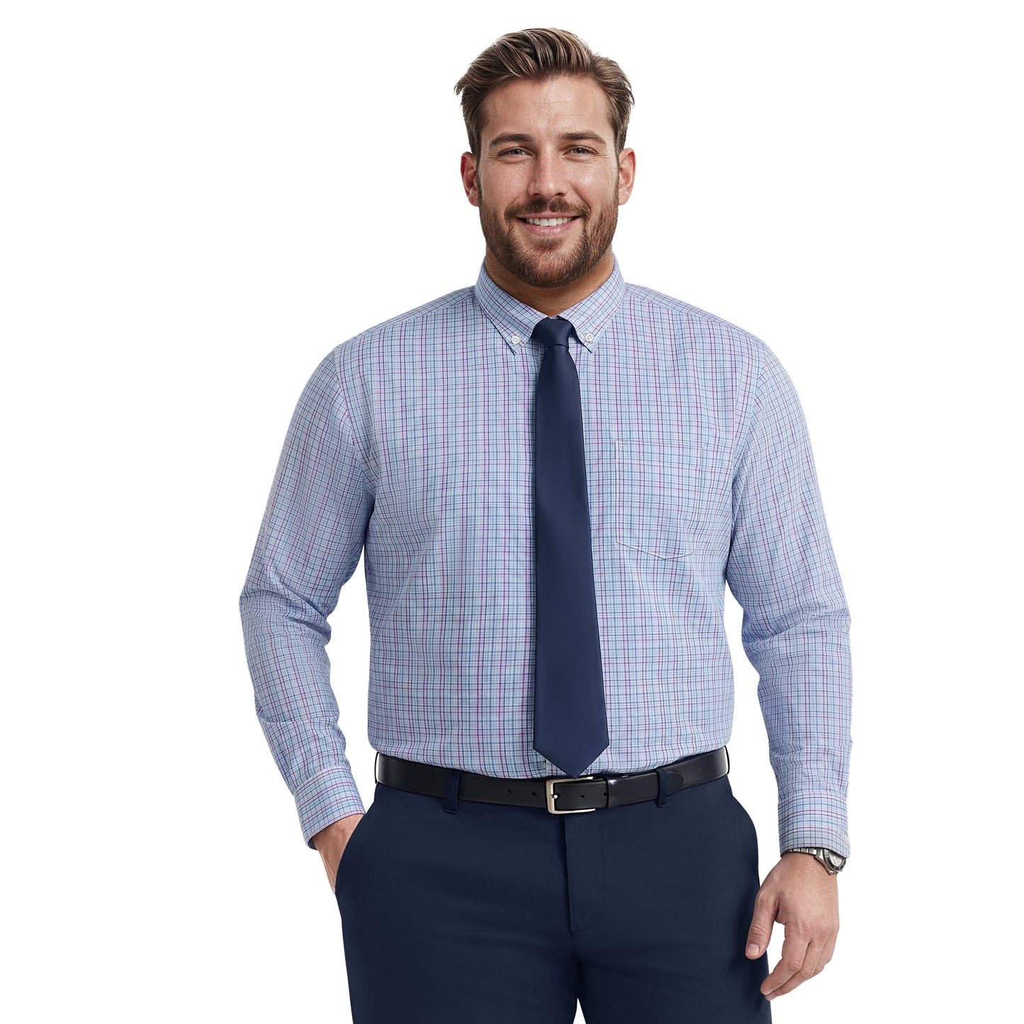 Izod BIG & TALL ALL-OVER STRETCH L/S PLAID BUTTON-DOWN DRESS SHIRT - ULTRAM
