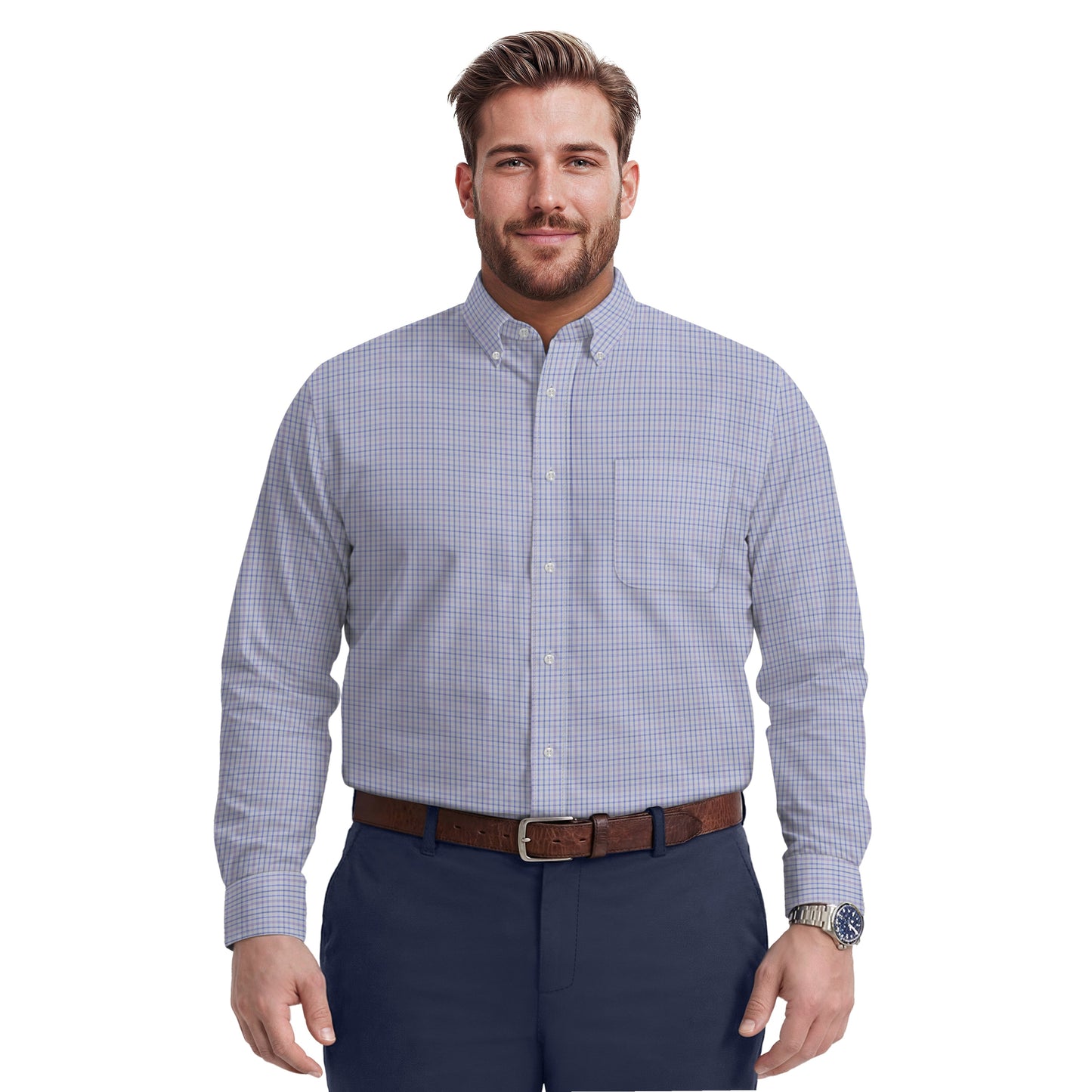 Izod BIG & TALL ALL-OVER STRETCH L/S PLAID BUTTON-DOWN DRESS SHIRT - DAHLIA