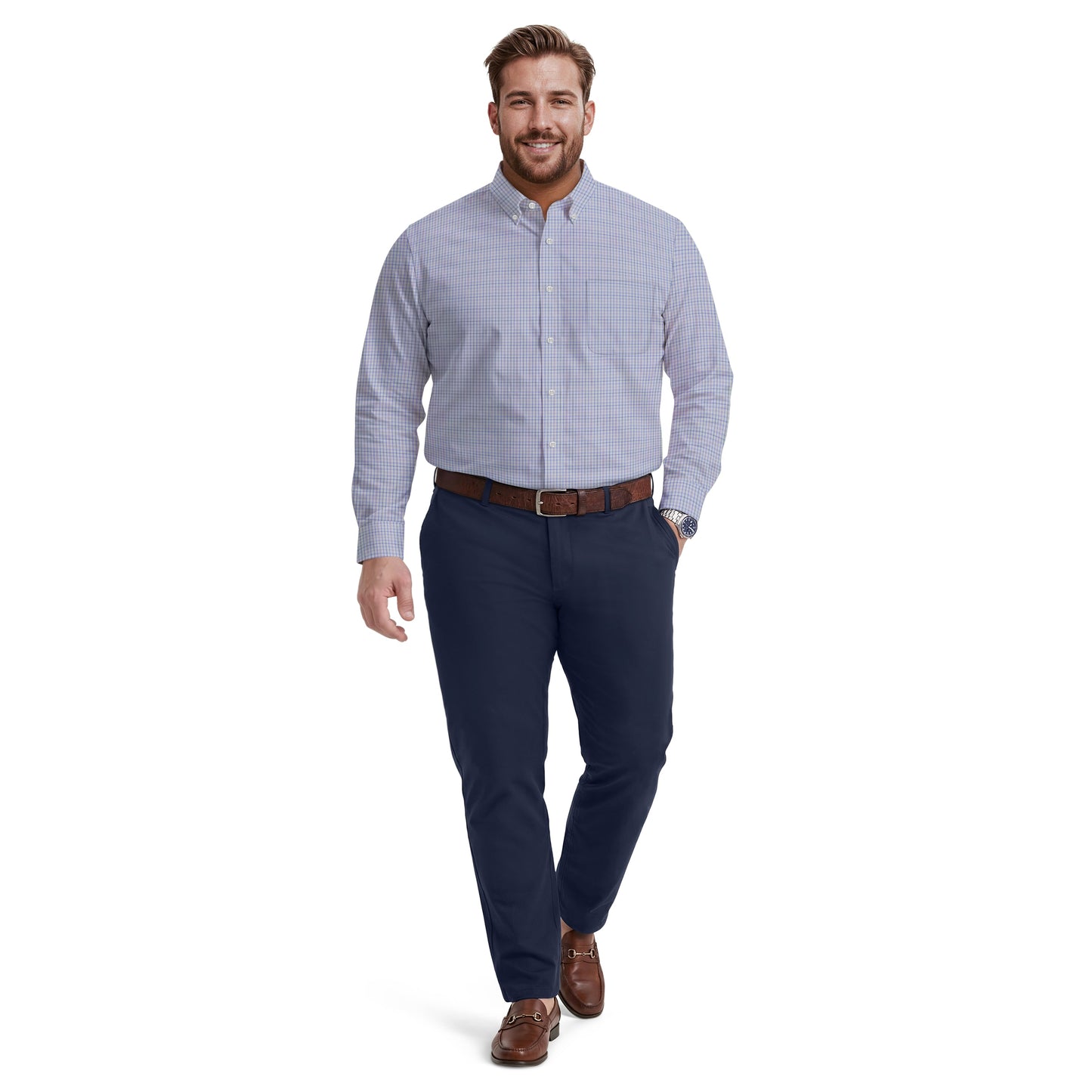 Izod BIG & TALL ALL-OVER STRETCH L/S PLAID BUTTON-DOWN DRESS SHIRT - DAHLIA
