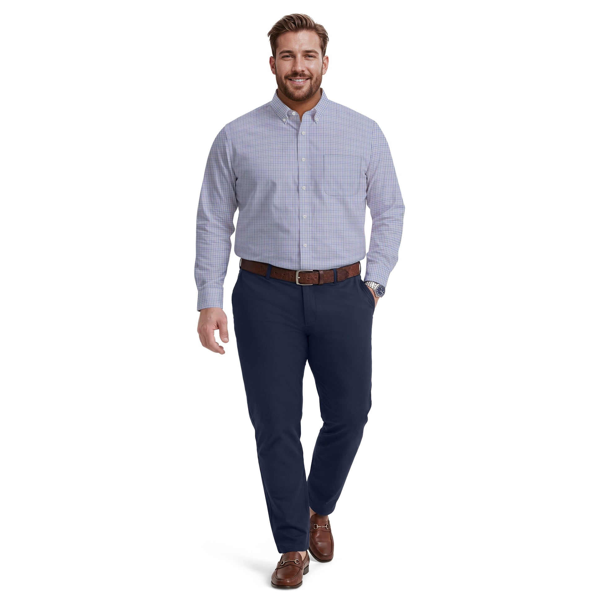 Izod BIG & TALL ALL-OVER STRETCH L/S PLAID BUTTON-DOWN DRESS SHIRT - DAHLIA