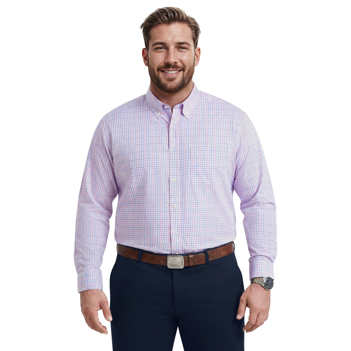 Izod BIG & TALL ALL-OVER STRETCH L/S PLAID BUTTON-DOWN DRESS SHIRT - CONE F