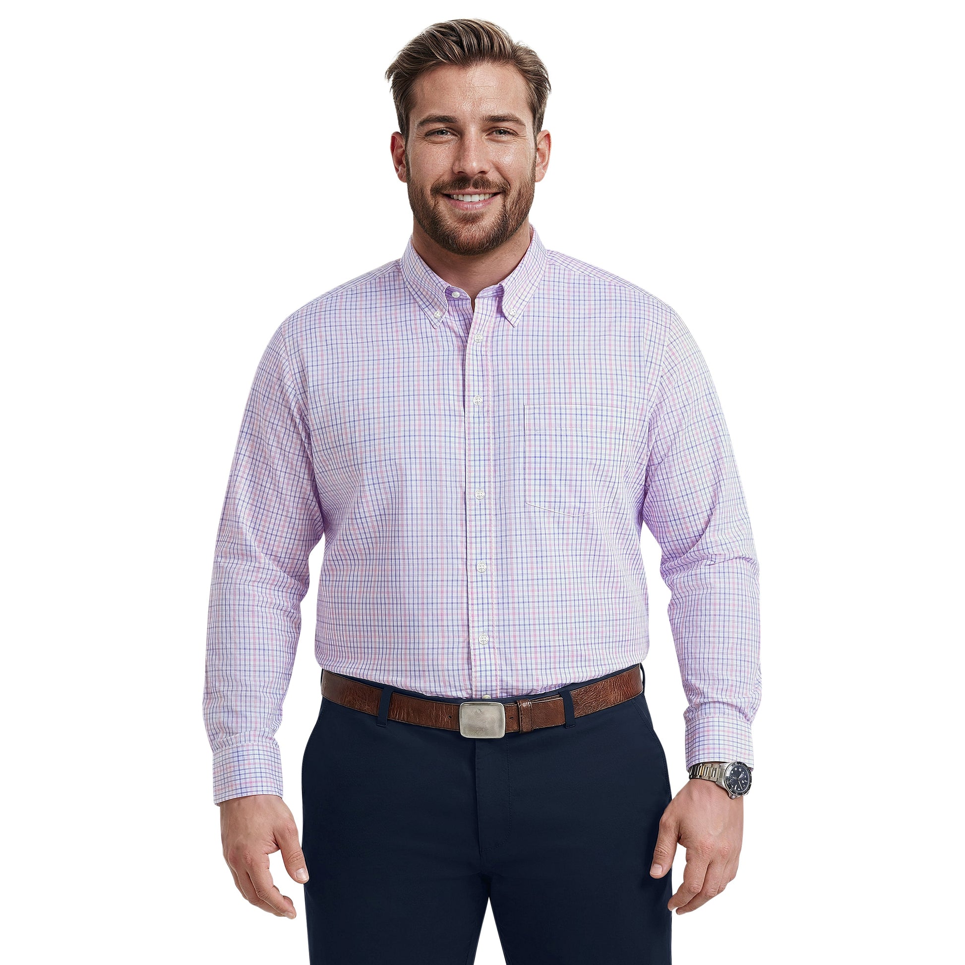 Izod BIG & TALL ALL-OVER STRETCH L/S PLAID BUTTON-DOWN DRESS SHIRT - CONE F