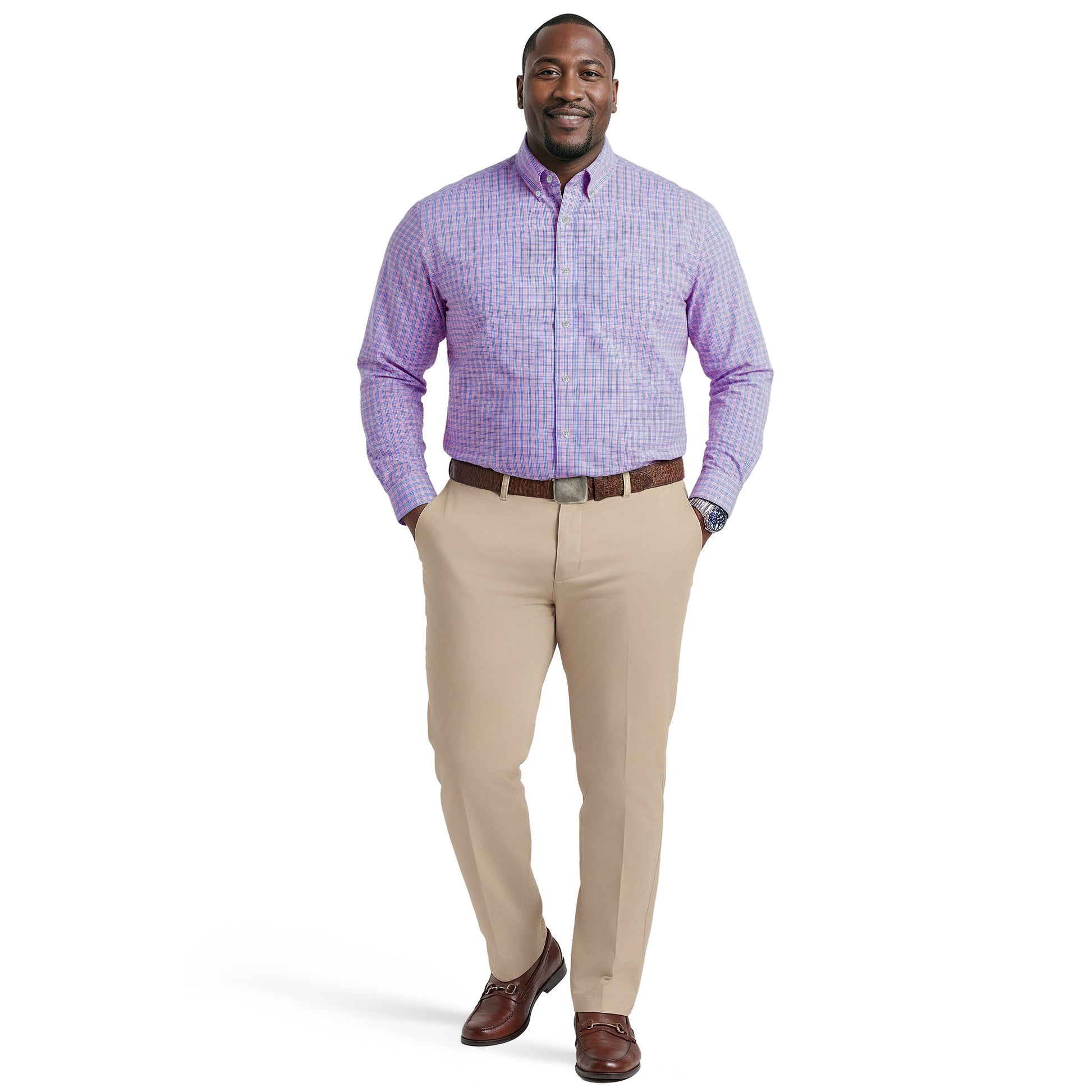 Izod BIG & TALL ALL-OVER STRETCH L/S PLAID BUTTON-DOWN DRESS SHIRT - LILAC