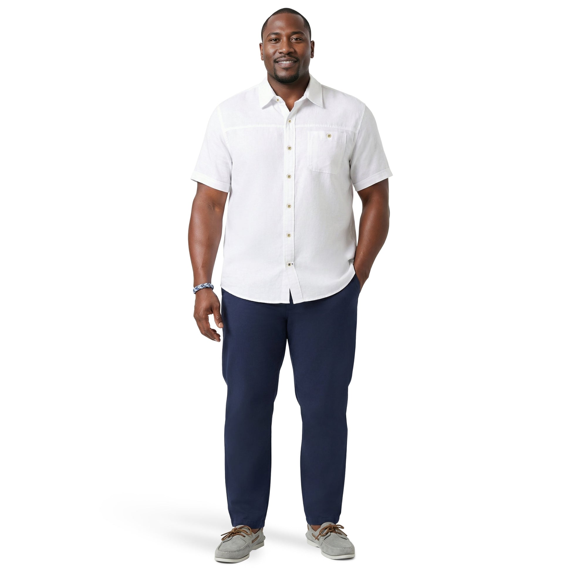 Izod BIG & TALL DOCKSIDE CHAMBRAY S/S BUTTON-DOWN SHIRT - BRIGHT WHITE