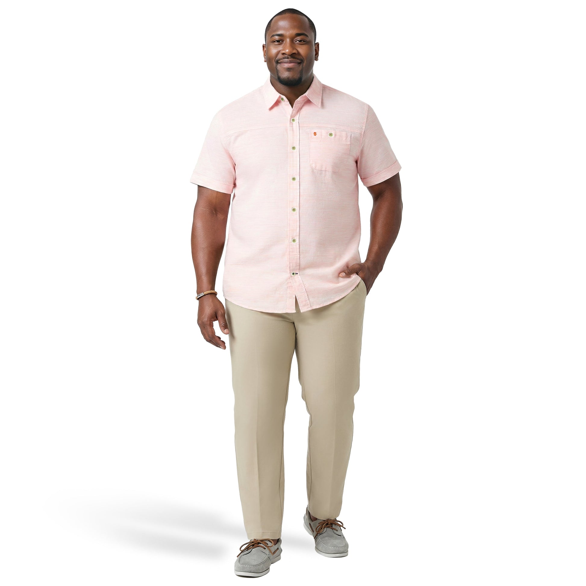 Izod BIG & TALL DOCKSIDE CHAMBRAY S/S BUTTON-DOWN SHIRT - PEACH COBBLER