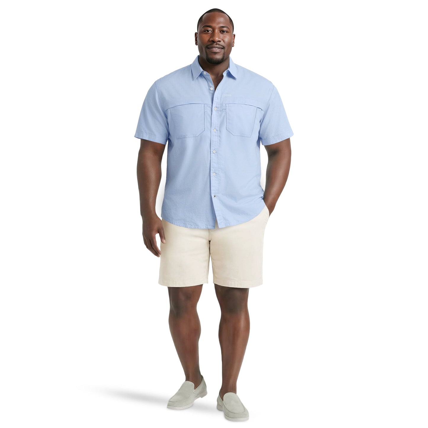 Izod BIG & TALL SUNSHIELD PERFORMANCE S/S BUTTON-DOWN SHIRT - CHAMBRAY BLUE