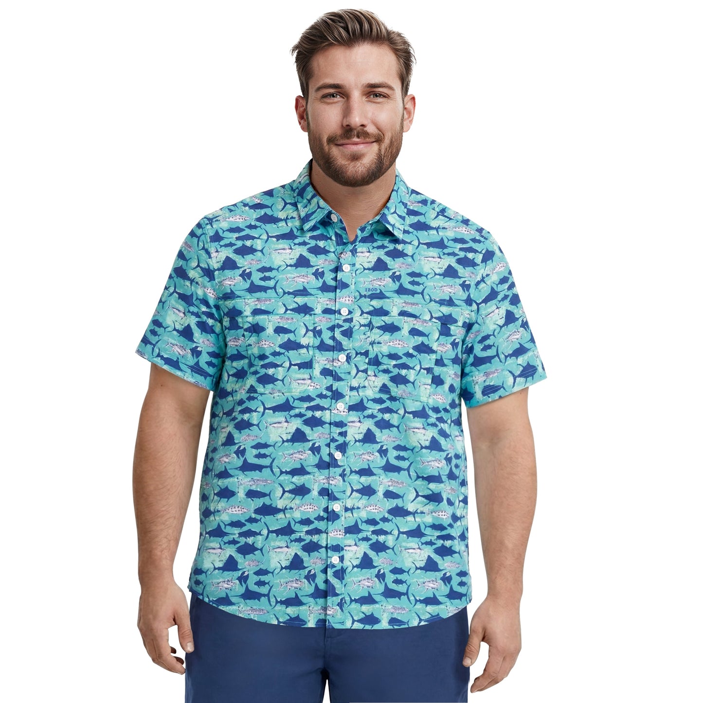 Izod BIG & TALL SUNSHIELD PERFORMANCE S/S PRINTED BUTTON-DOWN SHIRT - TEAL