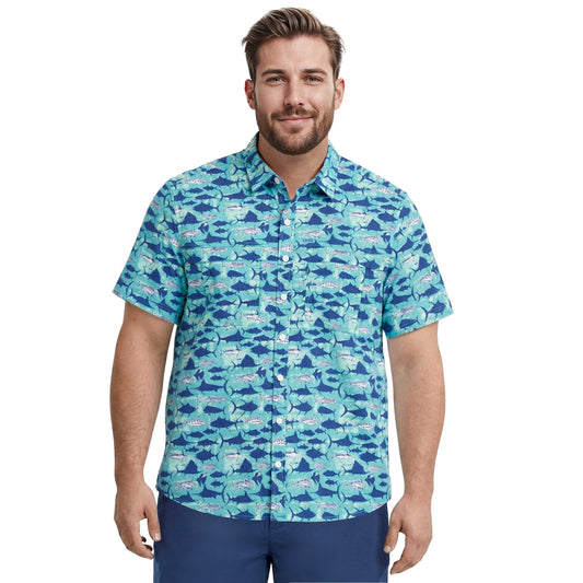 Izod BIG & TALL SUNSHIELD PERFORMANCE S/S PRINTED BUTTON-DOWN SHIRT - TEAL