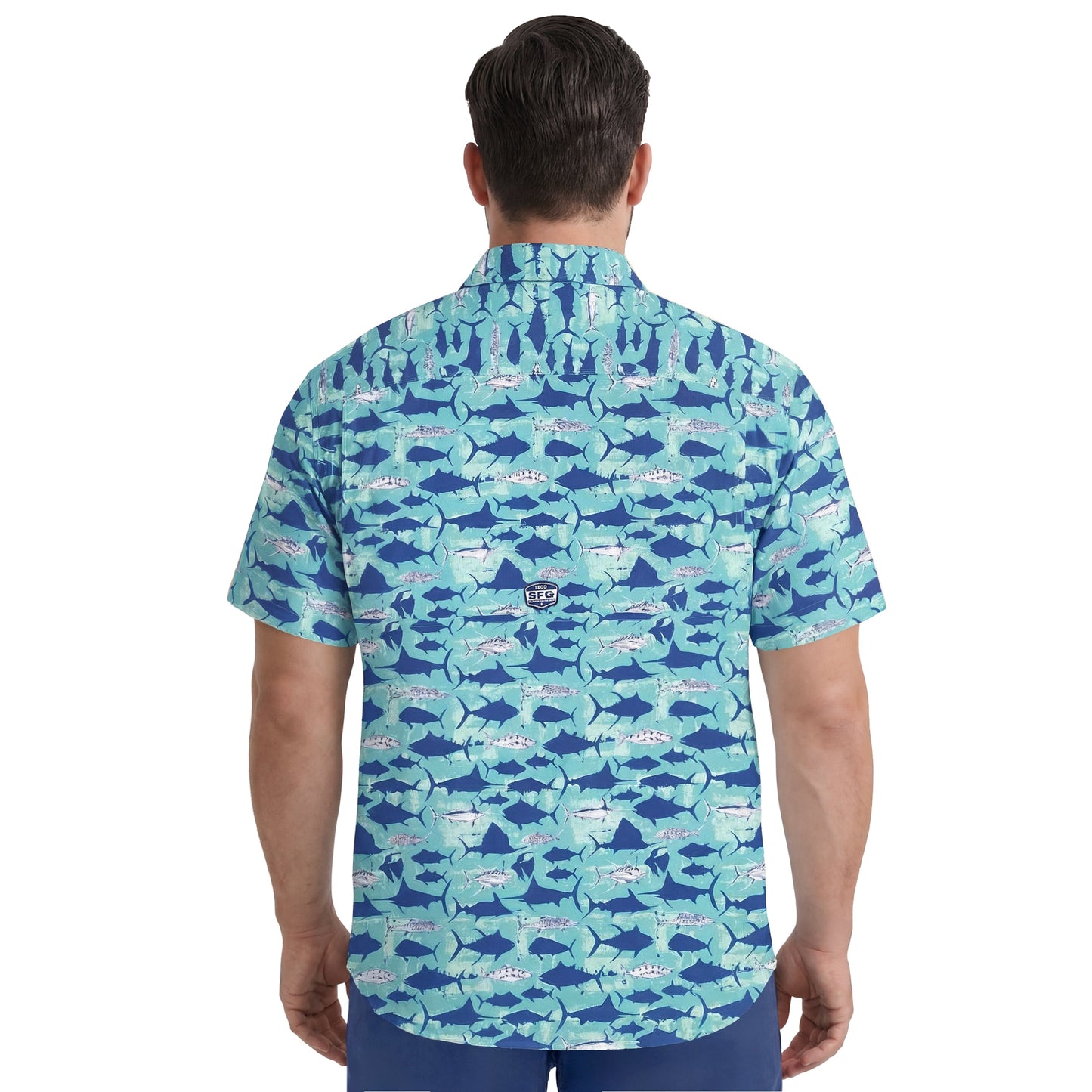 Izod BIG & TALL SUNSHIELD PERFORMANCE S/S PRINTED BUTTON-DOWN SHIRT - TEAL