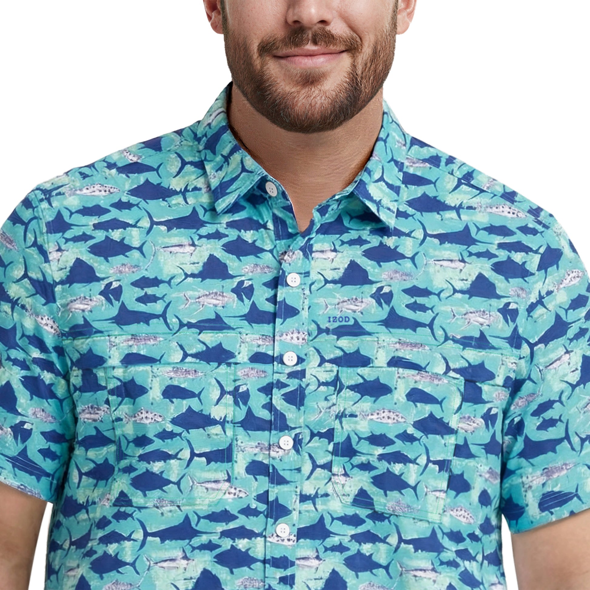 Izod BIG & TALL SUNSHIELD PERFORMANCE S/S PRINTED BUTTON-DOWN SHIRT - TEAL
