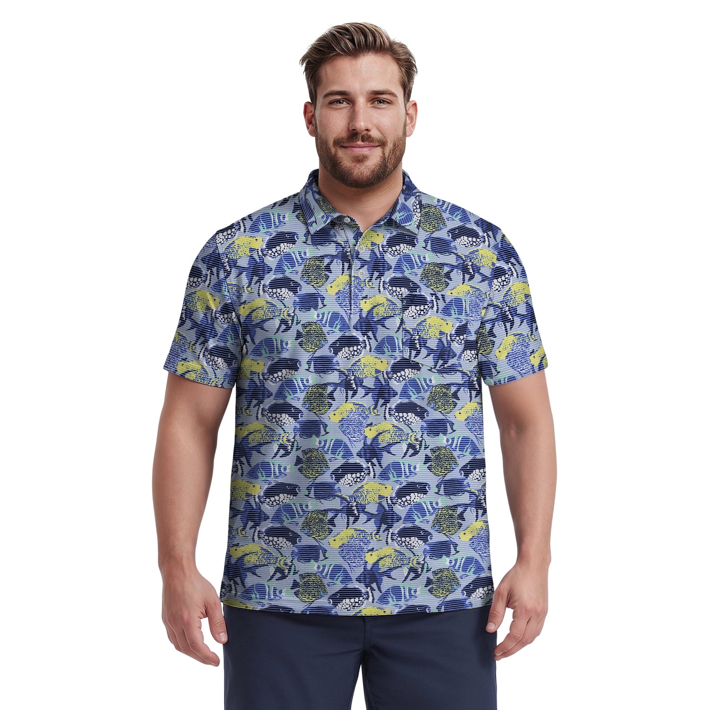 Izod BIG & TALL SUNSHIELD PERFORMANCE S/S PRINTED POLO - CHAMBRAY BLUE