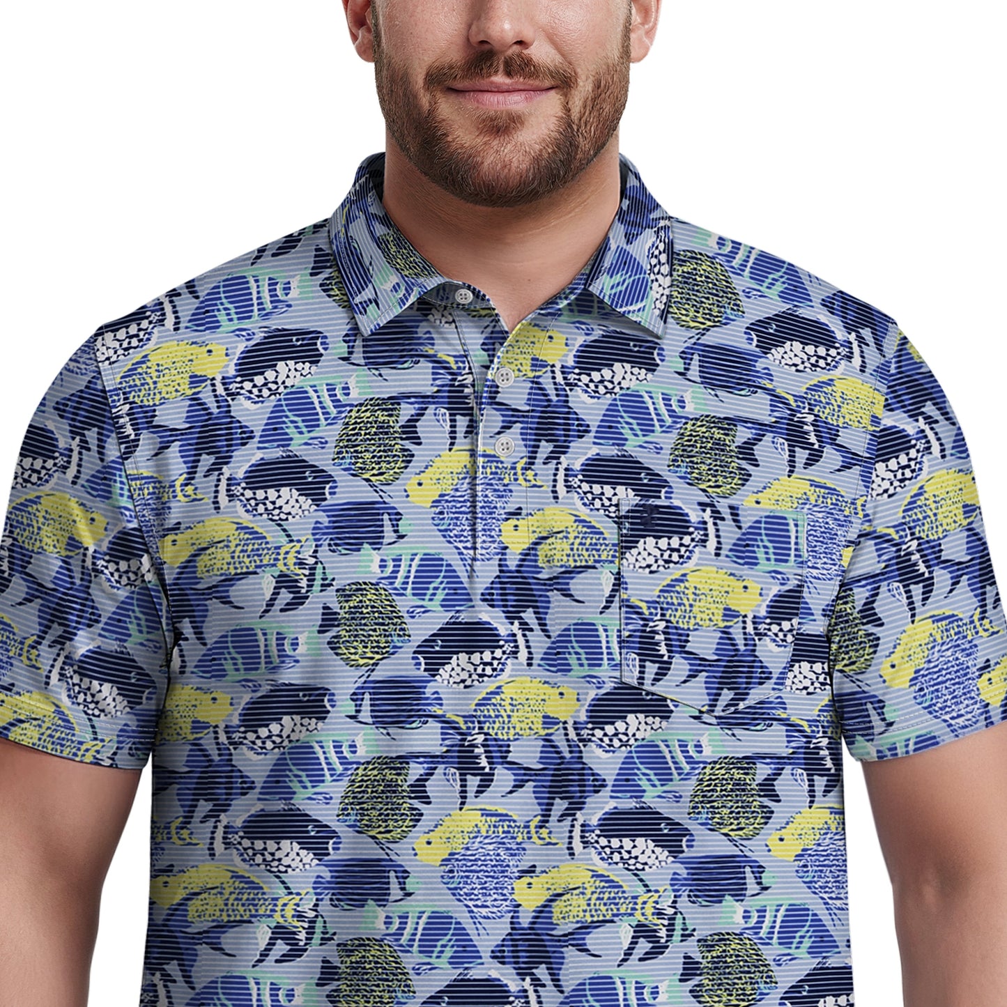 Izod BIG & TALL SUNSHIELD PERFORMANCE S/S PRINTED POLO - CHAMBRAY BLUE